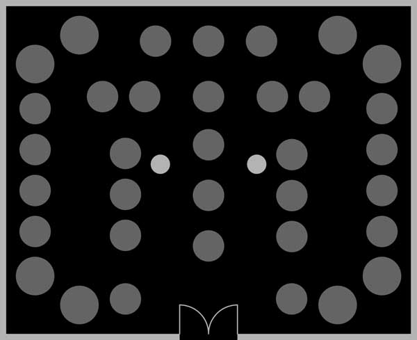 Die grauen Kreise symbolisieren 35 herkömmliche Einzelgeräte. Die 2 kleinen Kreise sind Raumsäulen.
